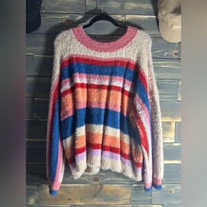 Vigoss Multicolor Fuzzy Crewneck Sweater - Pink, Blue, Peach, Red & Cream